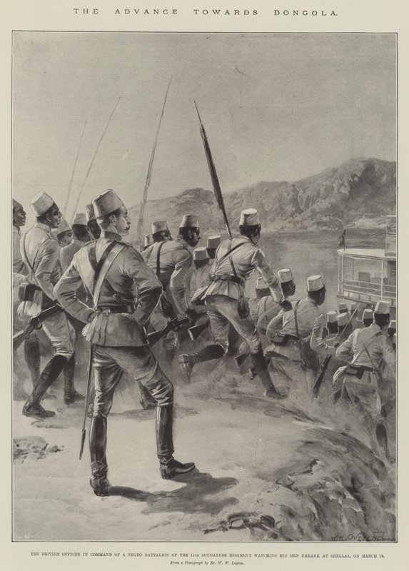 The Advance towards Dongola, the British Officer in Command of a Negro Battalion of the 11th Soudanese Regiment watching his Men embark at Shellal, on 18 March by William Heysham (after) Overend