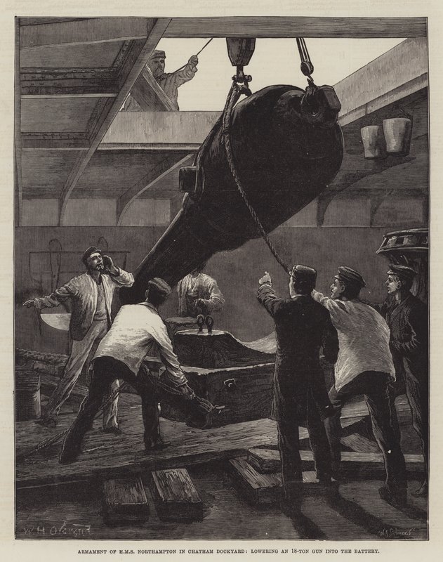 Armament of HMS Northampton in Chatham Dockyard, lowering an 18-Ton Gun into the Battery by William Heysham Overend