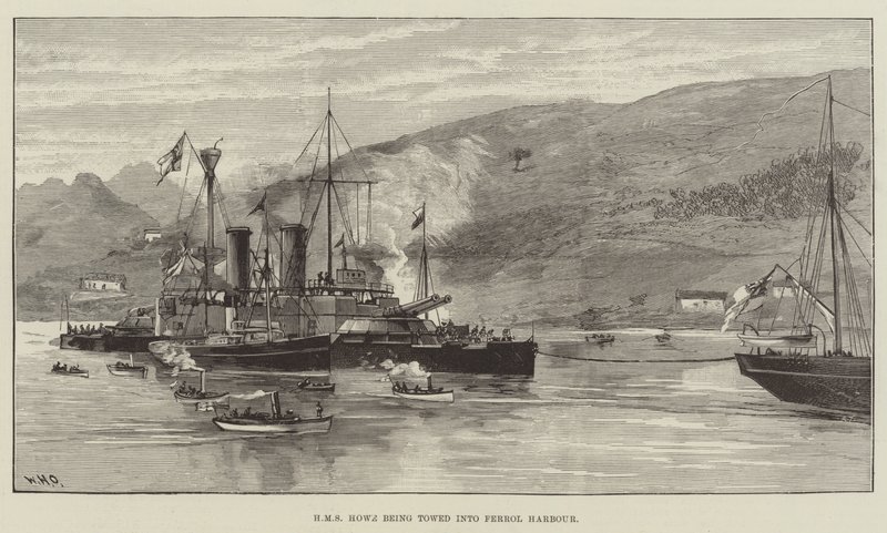 HMS Howe being towed into Ferrol Harbour by William Heysham Overend