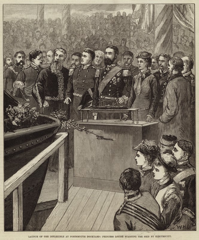 Launch of the Inflexible at Portsmouth Dockyard, Princess Louise Starting the Ship by Electricity by William Heysham Overend