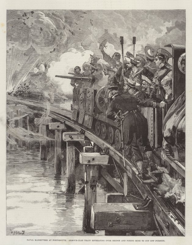 Naval Manoeuvres at Portsmouth, Armour-Clad Train Retreating over Bridge and Firing Mine to Cut Off Pursuit by William Heysham Overend