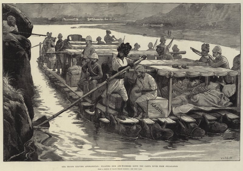 Our Troops leaving Afghanistan, floating sick and Wounded down the Cabul River from Jellalabad by William Heysham Overend