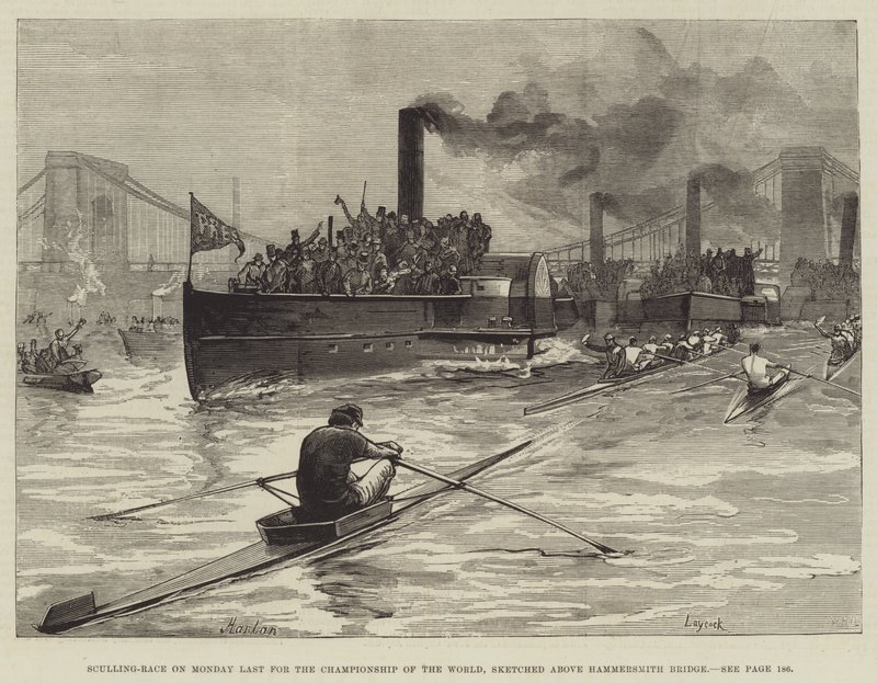 Sculling-Race for the Championship of the World, Sketched Above Hammersmith Bridge by William Heysham Overend