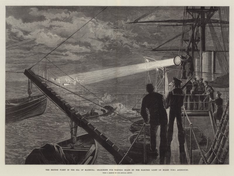The British Fleet in the Sea of Marmora, searching for Torpedo Boats by the Electric Light on Board HMS Agincourt by William Heysham Overend