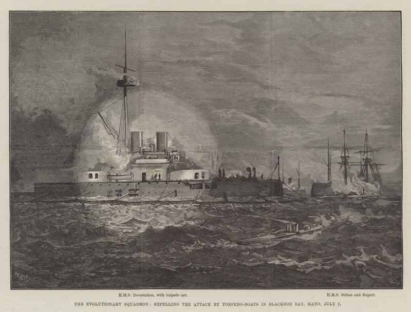 The Evolutionary Squadron, repelling the Attack by Torpedo-Boats in Blacksod Bay, Mayo, 7 July by William Heysham Overend