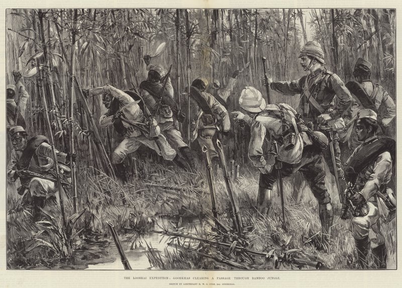 The Looshai Expedition, Goorkhas clearing a Passage through Bamboo Jungle by William Heysham Overend