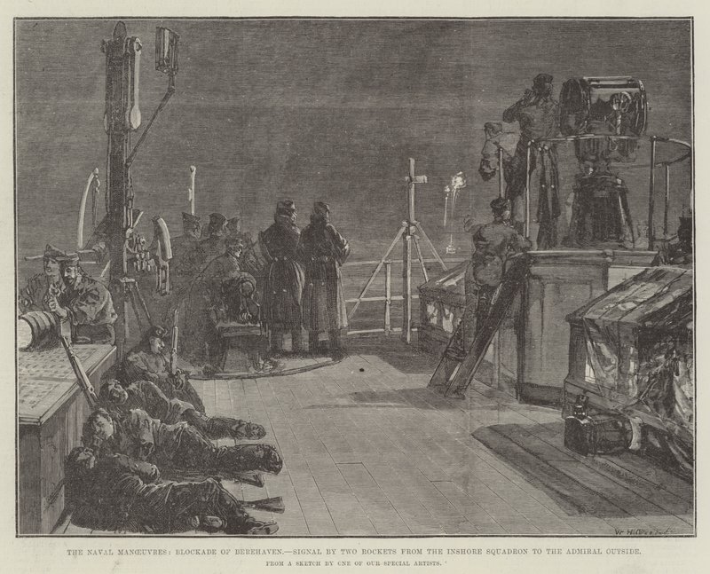 The Naval Manoeuvres, Blockade of Berehaven, Signal by Two Rockets from the Inshore Squadron to the Admiral Outside by William Heysham Overend