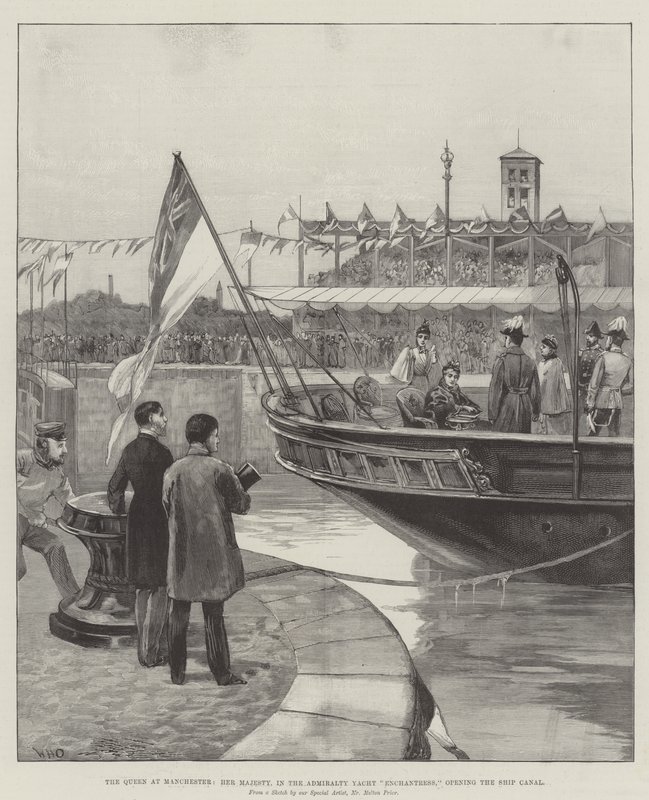 The Queen at Manchester, Her Majesty, in the Admiralty Yacht Enchantress, opening the Ship Canal by William Heysham Overend