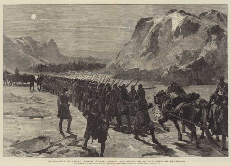 The Rebellion in the North-West Territory of Canada, Colonial Troops marching over the Ice of Nepigon Bay, Lake Superior by William Heysham Overend