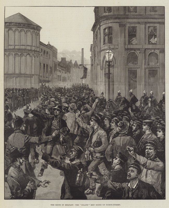 The Riots in Belfast, the Island Men going up North-Street by William Heysham Overend