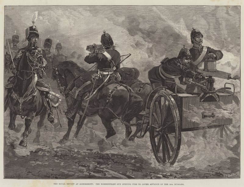 The Royal Review at Aldershott, the Nordenfeldt Gun opening Fire to cover Advance of the 10th Hussars by William Heysham Overend