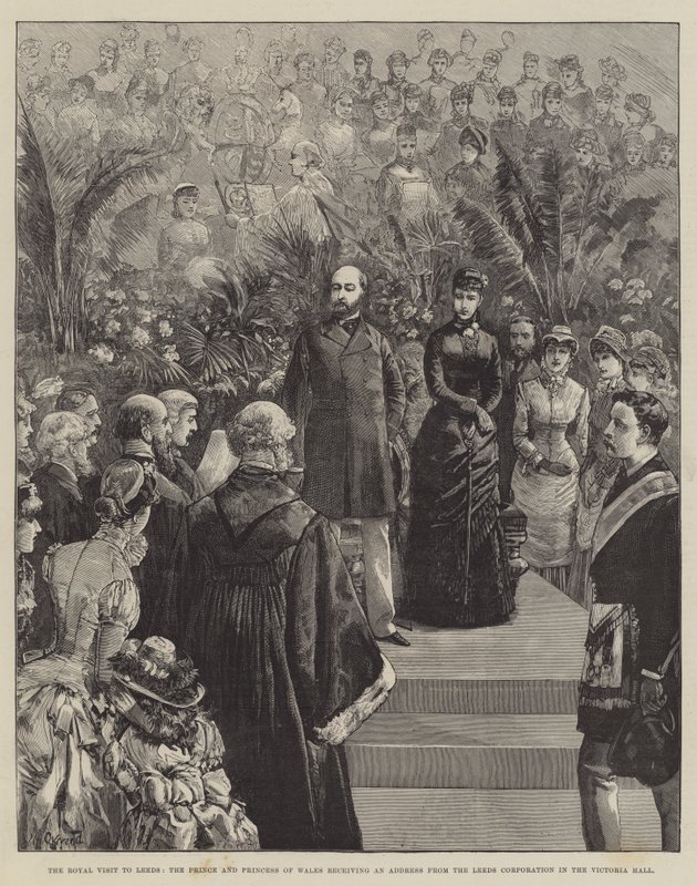 The Royal Visit to Leeds, the Prince and Princess of Wales receiving an Address from the Leeds Corporation in the Victoria Hall by William Heysham Overend