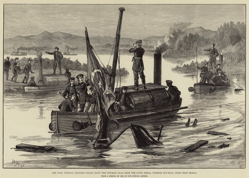 The War, Russian Officers taking down the Ottoman Flag from the Lutfi Djelil, Turkish Gun-Boat, sunk near Braila by William Heysham Overend