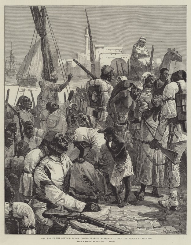The War in the Sudan, Black Troops leaving Massowah to join the Forces at Souakim by William Heysham Overend