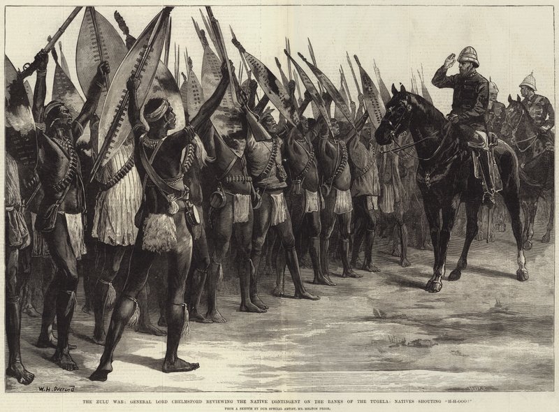 The Zulu War, General Lord Chelmsford reviewing the Native Contingent on the Banks of the Tugela, Natives shouting H-H-Ooo! by William Heysham Overend