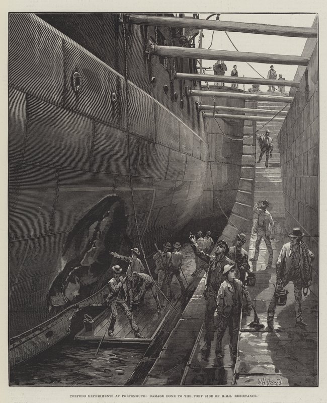 Torpedo Experiments at Portsmouth, Damage done to the Port Side of HMS Resistance by William Heysham Overend