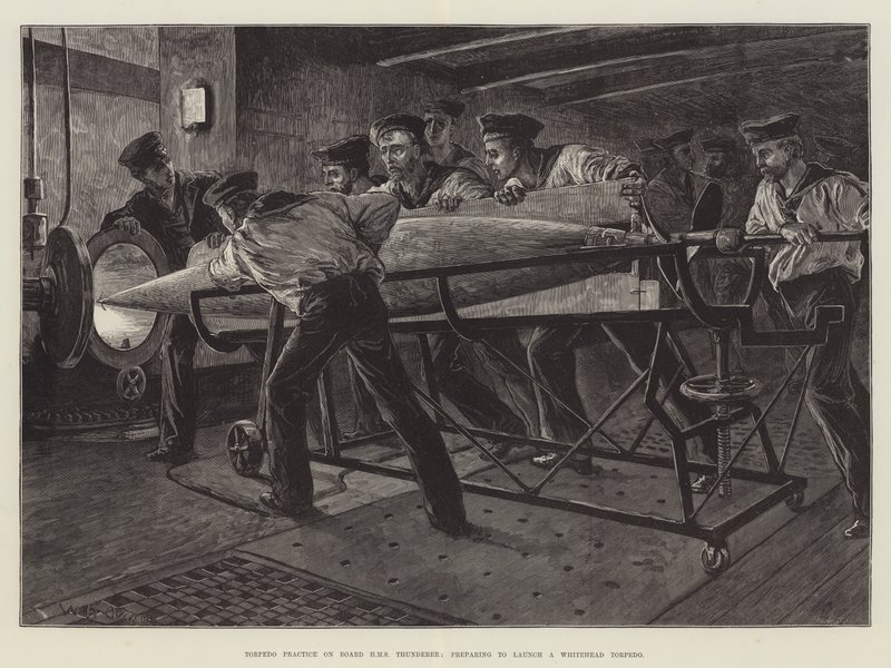 Torpedo Practice on Board HMS Thunderer, preparing to launch a Whitehead Torpedo by William Heysham Overend