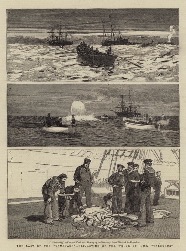 The Last of the Vanguard, Dismasting of the Wreck by HMS Valorous by William Lionel Wyllie