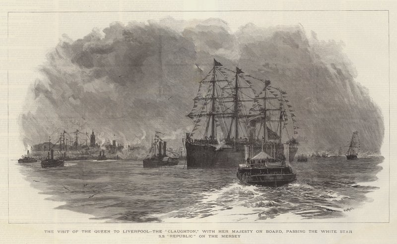 The Visit of the Queen to Liverpool, the Claughton, with Her Majesty on Board, passing the White Star SS Republic on the Mersey by William Lionel Wyllie