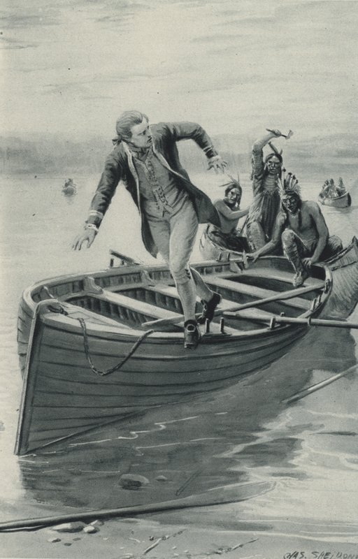 Captain James Cook jumps out of his boat as the Red Indians jump in by after Charles Mills Sheldon