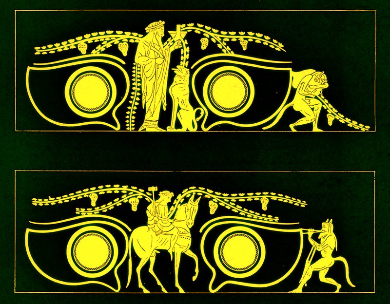 Dionysos, Hephaistos and Satyrs, illustration from Greek Vase Paintings by J. E. Harrison and D. S. MacColl, published 1894 by after English School