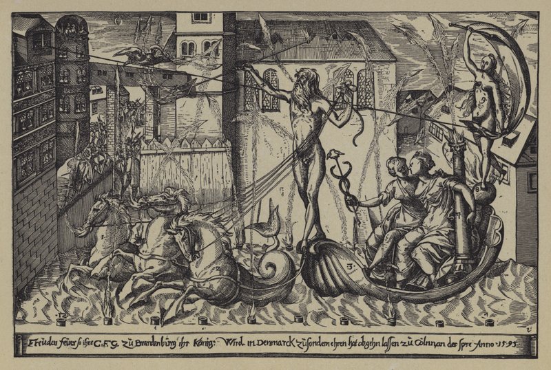 Fireworks at the Castle of the Margrave of Brandenburg at Colln on the River Spree on the Occasion of the Visit of King Christian IV of Denmark, 10 October 1595 by after German School