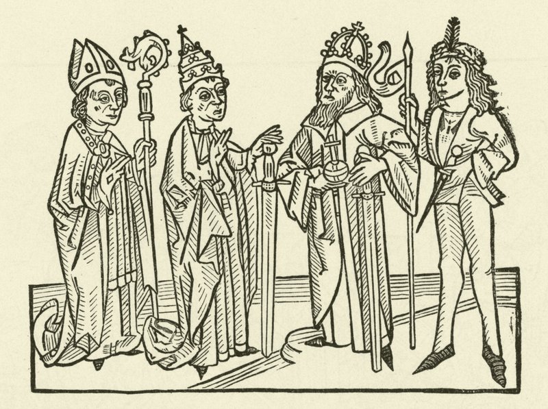 The Holy Roman Emperor and the Pope, accompanied by a knight and a bishop, holding swords, symbolising judicial power in their lands by after German School