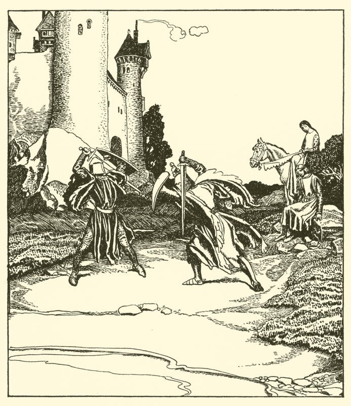 Sir Launcelot does battle with Sir Turquine by after Howard Pyle