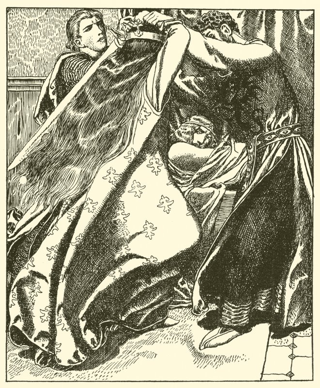 The Queen of Ireland seeks to slay Sir Tristram by after Howard Pyle