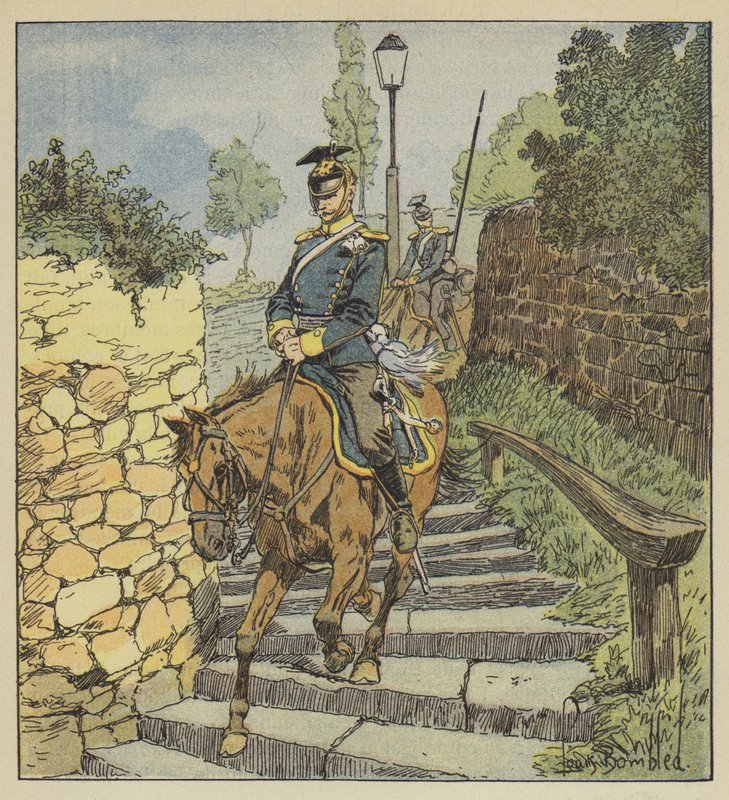 At Chateaudun, Two Uhlans Descend a 200-Step Stone Staircase on Horseback While Being Pursued by after Louis Charles Bombled