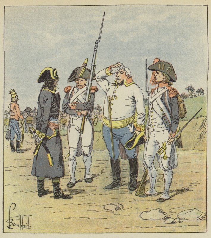 Bonaparte interrogates a fat Austrian major prisoner by after Louis Charles Bombled