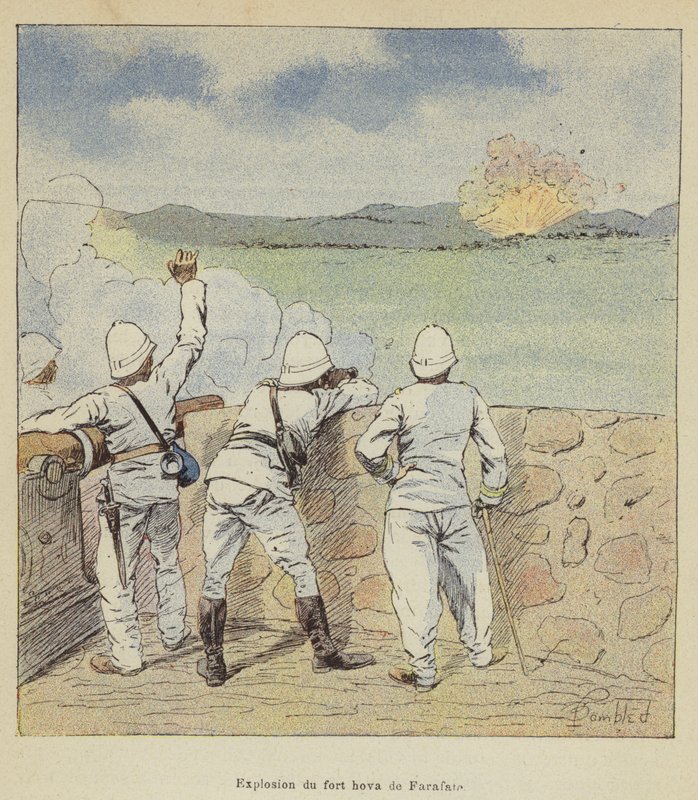 Explosion of the Hova Fort of Farafate by after Louis Charles Bombled