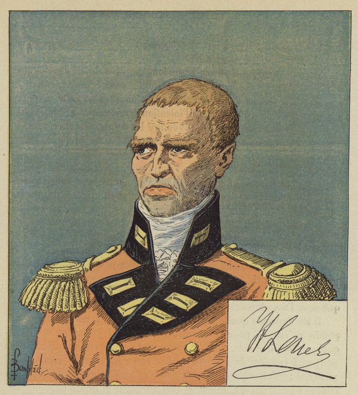 Hudson Lowe after a drawing from the National Library, The signature of Lowe by after Louis Charles Bombled