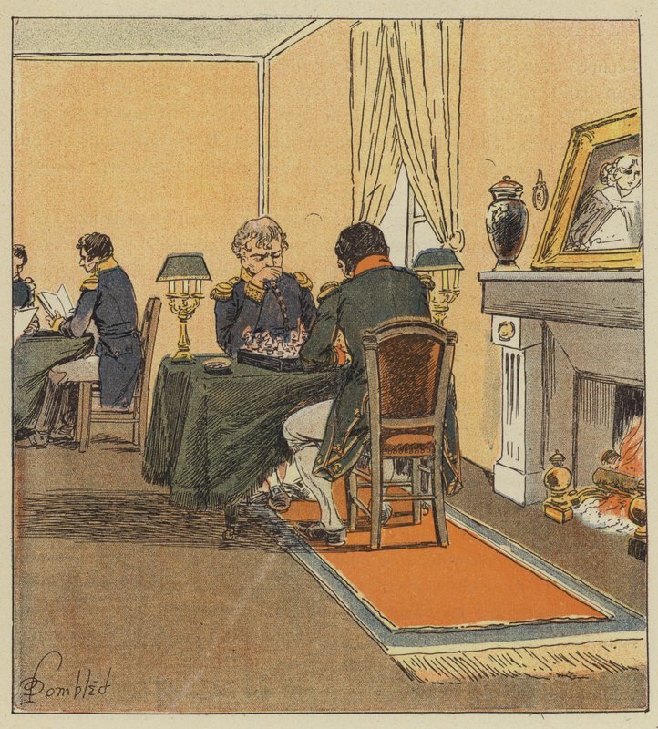 The Emperor plays chess with the grand marshal by after Louis Charles Bombled