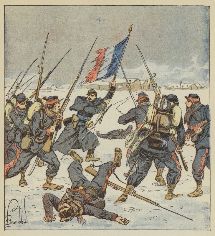Captain Couturie of the Sarthe Mobiles Charges with the Flag in Hand at the Attack on Mee by after Louis Charles Bombled