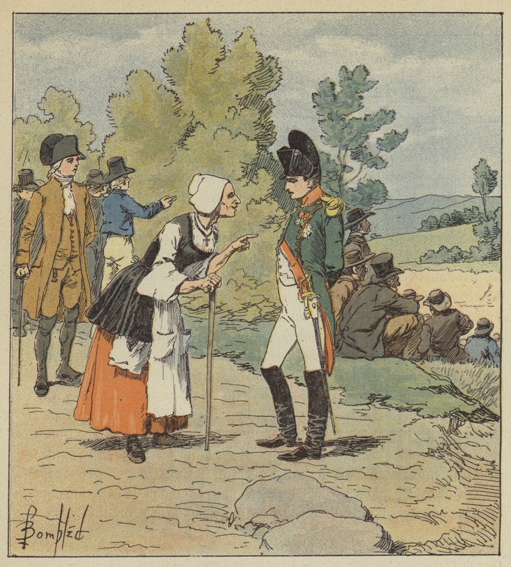 Napoleon talks with an old woman from Tarare by after Louis Charles Bombled
