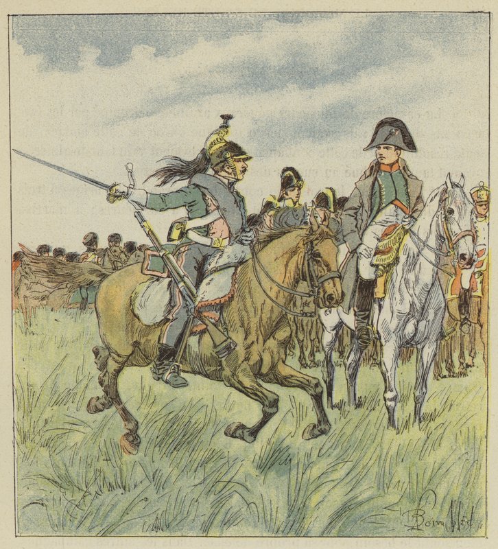 A dragoon warns the Emperor of the treason of one of his generals by after Louis Charles Bombled