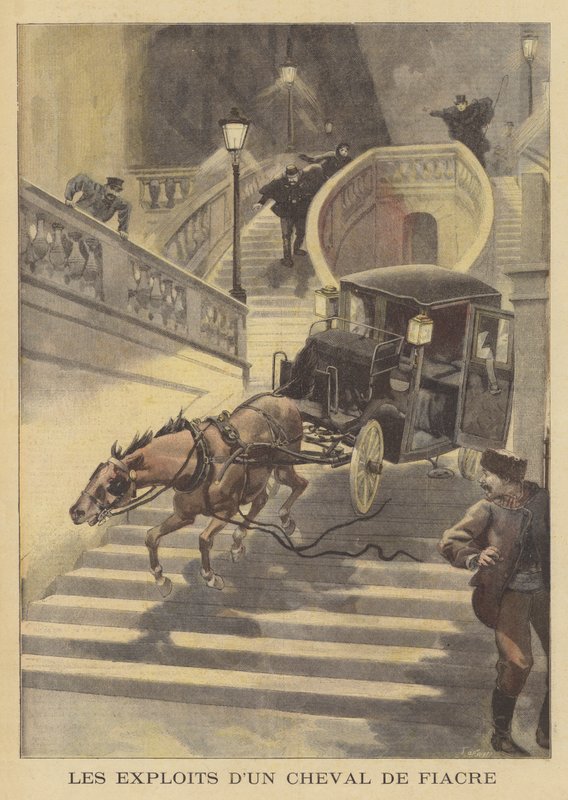 A Horse Pulling a Cab Down a Flight of Steps in Paris by after Oswaldo Tofani