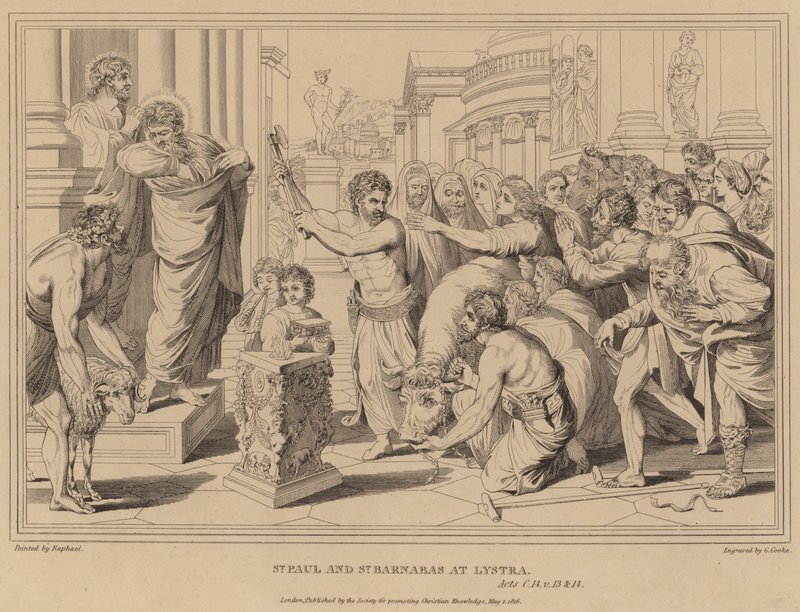 St Paul and St Barnabas at Lystra, Acts by after Raphael