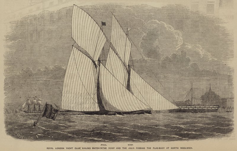 Royal London Yacht Club Sailing Match, the Romp and the Julia passing the Flag-Buoy at North Woolwich by after Thomas Harrington Wilson