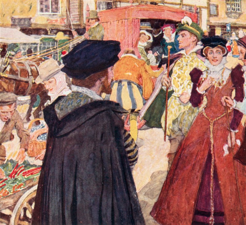 Shakespeare Observing the Foolish Fashions and Antics of the Fops on Ludgate Hill, London by after William Hatherell