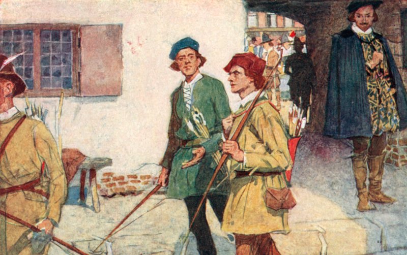 Shakespeare Sees a Party of Apprentices with Their Bows and Arrows Going to the Archery Ground at Moorfields, London by after William Hatherell