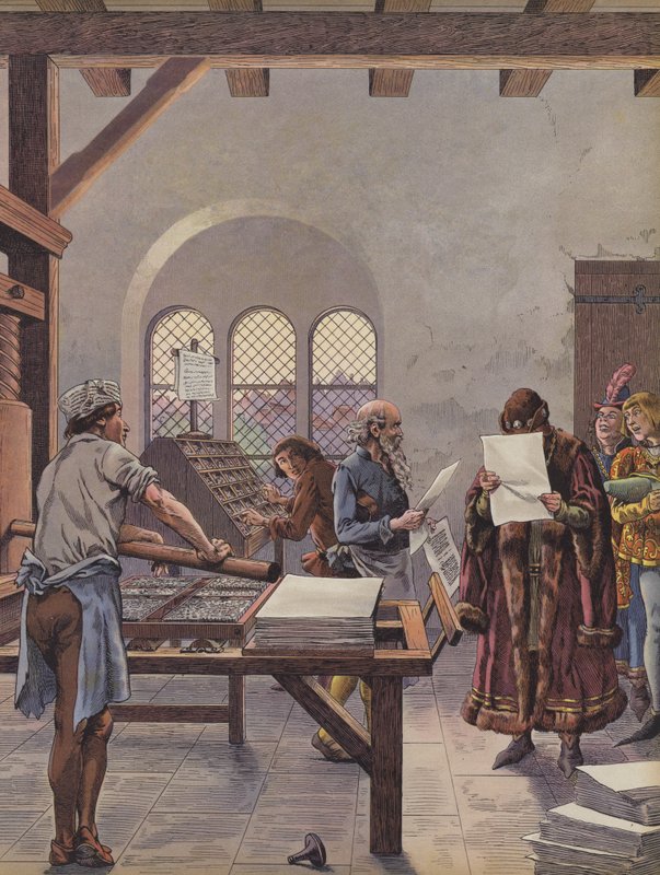 King Louis XI Reading a Document Printed on a Press by pseudonym for Onfray de Breville Jacques Job