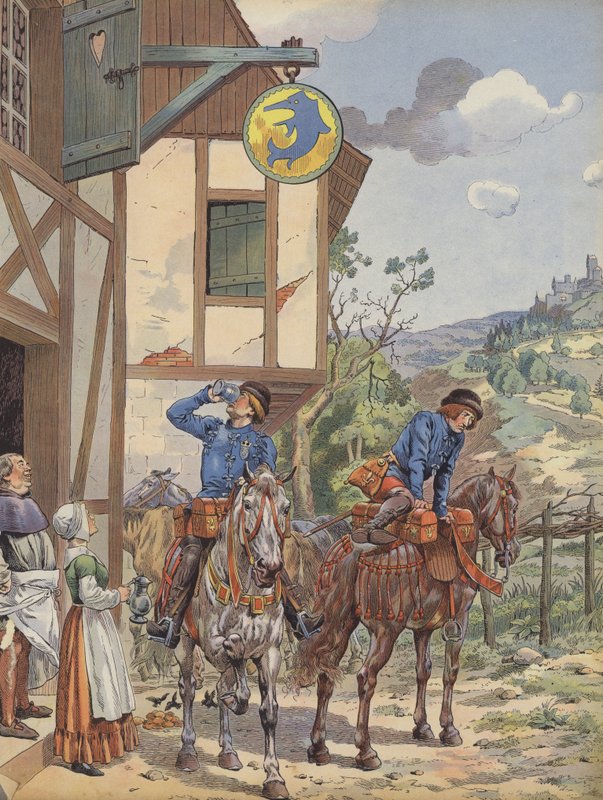 Messengers taking refreshment at a roadside inn by pseudonym for Onfray de Breville Jacques Job