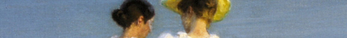 Summer evening on Skagen's beach. Anna Ancher and Marie Krøyer walking together. (Peder Severin Krøyer), Detail: Gelber Strohhut und Köpfe