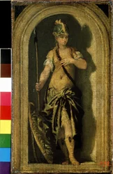 Minerva. Near her, her shield with the head of the Gorgon Medusa. Painting by Paolo Veronese. Venetian art, Italian Renaissance. Pushkin Museum, Moscow