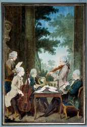 Gentlemen Duport, Vachon, Rodolphe, Provers and Vernier. Portrait of a group of musicians during a concert. Watercolour by Louis Carrogis dit Carmontelle