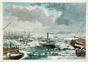Breaking up the Ice at New York - a View from the East River, published in Harper