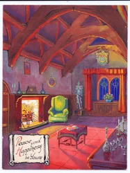 Original artwork for a Christmas card of a roaring fire in a baronial hall, circa 1953