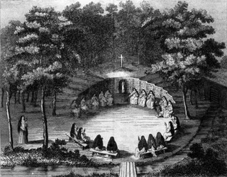 Nuns of the abbey of Port Royal des Champs (Port-Royal-des-Champs) in a lecture in solitude. Engraving after a parchment of the 18th century French school.
